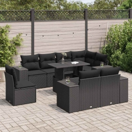 Set de sofás de jardín con cojines 9 pzas ratán sintético negro