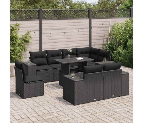Set de sofás de jardín con cojines 9 pzas ratán sintético negro