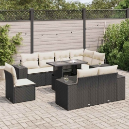 Set de sofás de jardín con cojines 9 pzas ratán sintético negro