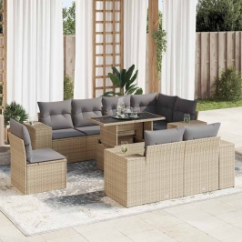 Set de sofás de jardín con cojines 9 pzas ratán sintético beige