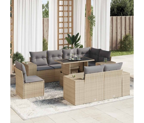 Set de sofás de jardín con cojines 9 pzas ratán sintético beige