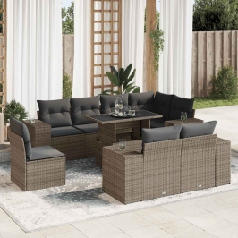 Set de sofás de jardín con cojines 9 pzas ratán sintético gris