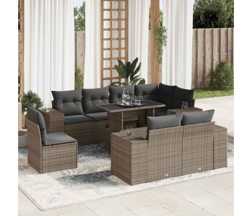 Set de sofás de jardín con cojines 9 pzas ratán sintético gris