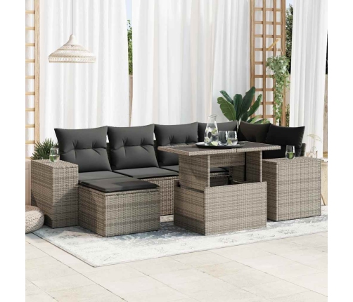 Set de sofás de jardín 7 pzas con cojines ratán sintético gris