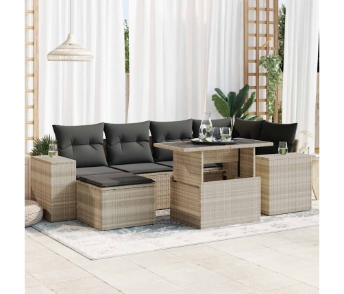 Set de sofás de jardín 7 pzas con cojines ratán PE gris claro