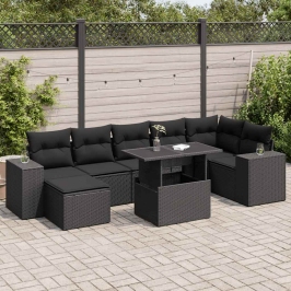 Set de sofás de jardín y cojines 8 piezas ratán sintético negro