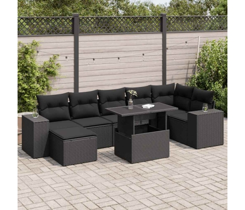 Set de sofás de jardín y cojines 8 piezas ratán sintético negro