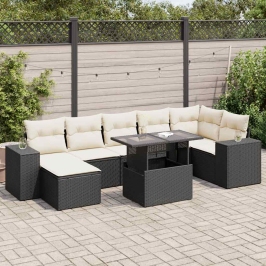 Set de sofás de jardín y cojines 8 piezas ratán sintético negro