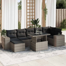 Set de sofás de jardín y cojines 8 piezas ratán sintético gris