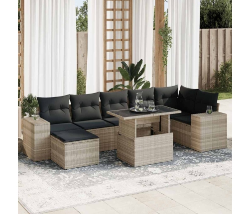 Set de sofás de jardín 8 pzas y cojines ratán sintético gris