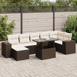 Set sofás de jardín 8 piezas y cojines ratán sintético marrón