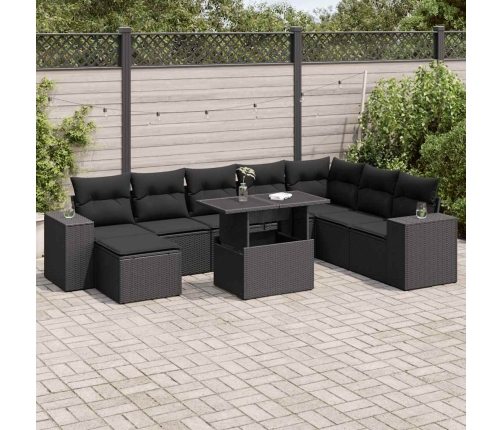 Set de sofás de jardín con cojines 9 pzas ratán sintético negro