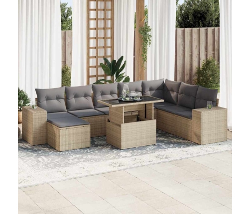 Set de sofás de jardín con cojines 9 pzas ratán sintético beige