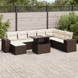 Set de sofás de jardín 9 pzas y cojines ratán sintético marrón