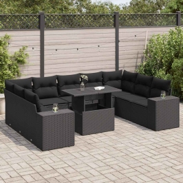 Set de sofás de jardín y cojines 10 pzas ratán sintético negro