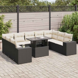 Set de sofás de jardín y cojines 10 pzas ratán sintético negro
