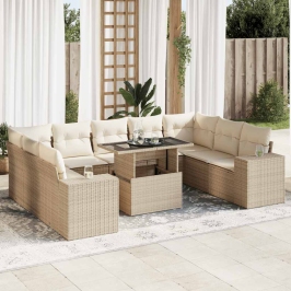 Juego de sofás jardín con cojines beige 10 pzas ratán sintético