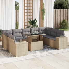 Juego de sofás jardín con cojines beige 10 pzas ratán sintético
