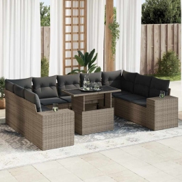 Set de sofás de jardín y cojines 10 pzas ratán sintético gris