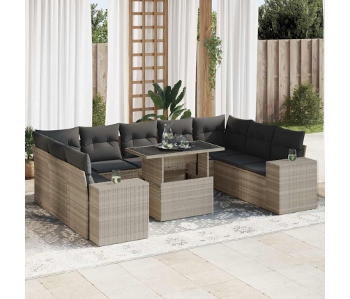 Set sofás jardín 10 pzas con cojines ratán sintético gris claro