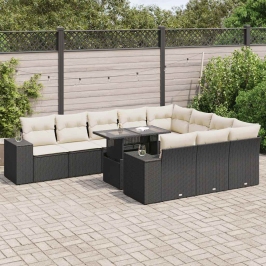 Set de sofás de jardín 11 pzas y cojines ratán sintético negro