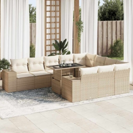 Set de sofás de jardín 11pzas con cojines ratán sintético beige