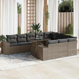 Set de sofás de jardín 11 pzas y cojines ratán sintético gris