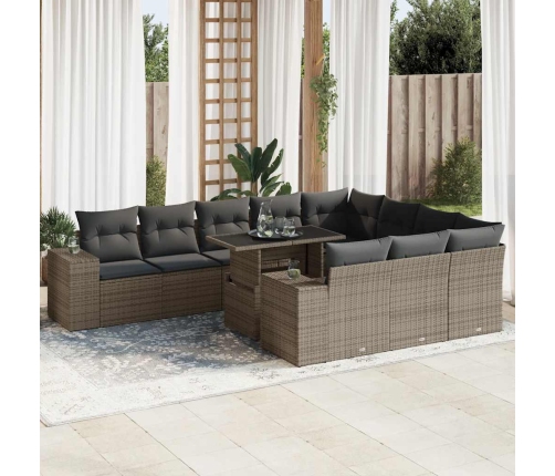 Set de sofás de jardín 11 pzas y cojines ratán sintético gris