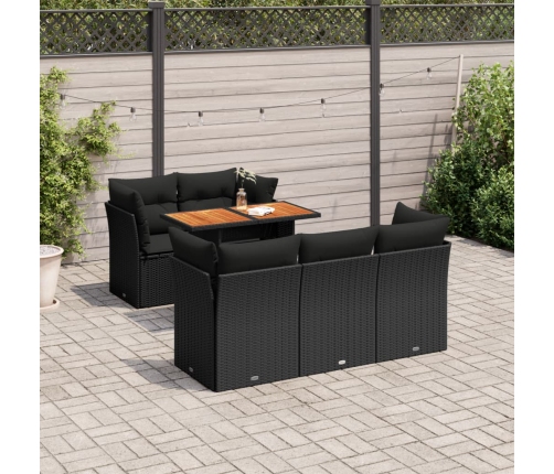 Set de sofás de jardín 6 piezas y cojines ratán sintético negro