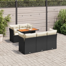 Set de sofás de jardín 6 piezas y cojines ratán sintético negro