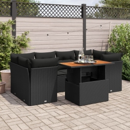 Set de sofás de jardín 7 pzas con cojines ratán sintético negro