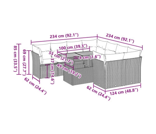 Set de sofás de jardín con cojines 9 pzas ratán sintético beige