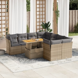 Set de sofás de jardín con cojines 9 pzas ratán sintético beige