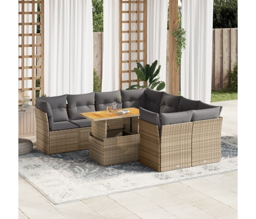 Set de sofás de jardín con cojines 9 pzas ratán sintético beige