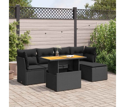 Set de sofás de jardín 6 piezas y cojines ratán sintético negro