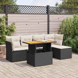 Set de sofás de jardín 6 piezas y cojines ratán sintético negro