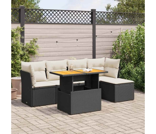 Set de sofás de jardín 6 piezas y cojines ratán sintético negro