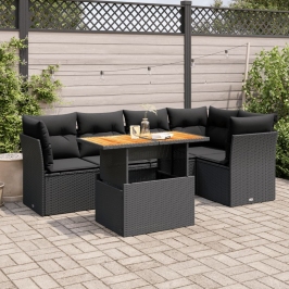 Set de sofás de jardín 6 piezas y cojines ratán sintético negro