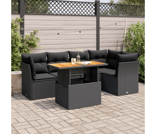 Set de sofás de jardín 6 piezas y cojines ratán sintético negro