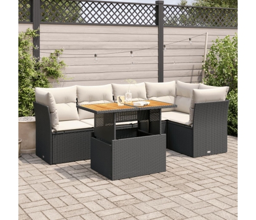 Set de sofás de jardín 6 piezas y cojines ratán sintético negro