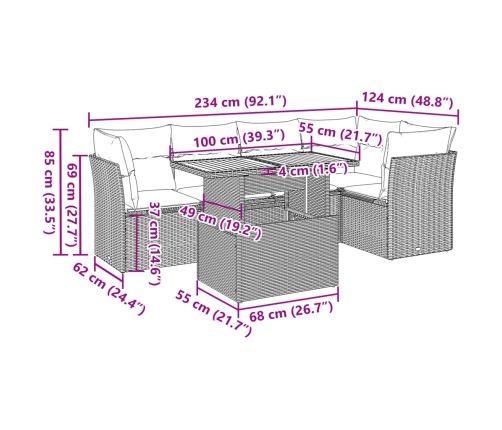 Set de muebles de jardín 6 pzas y cojines ratán sintético gris