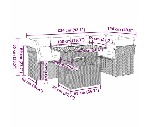 Set de muebles de jardín 6 pzas y cojines ratán sintético gris