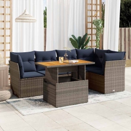 Set de muebles de jardín 6 pzas y cojines ratán sintético gris