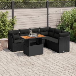 Set de sofás de jardín 7 pzas con cojines ratán sintético negro