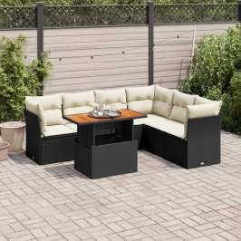 Set de sofás de jardín 7 pzas con cojines ratán sintético negro