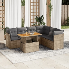 Set sofás de jardín 7 piezas y cojines ratán sintético beige