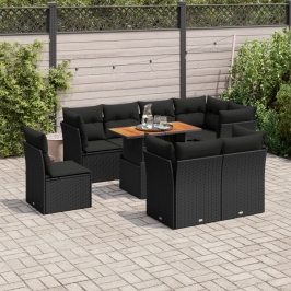 Set de sofás de jardín con cojines 9 pzas ratán sintético negro