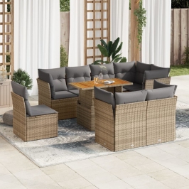 Set de sofás de jardín con cojines 9 pzas ratán sintético beige