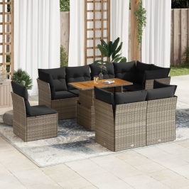 Set de sofás de jardín con cojines 9 pzas ratán sintético gris