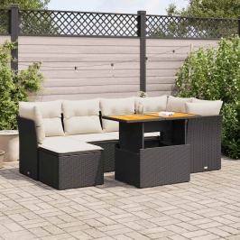 Set de sofás de jardín 7 pzas con cojines ratán sintético negro